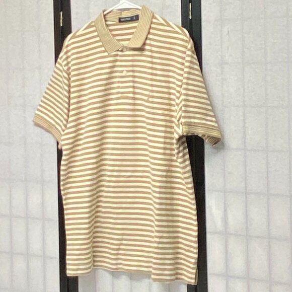 Nautica Short Sleeve Horizonal Stripe Striped Bands 2 Button Polo Shirt Gold L - Picture 4 of 11